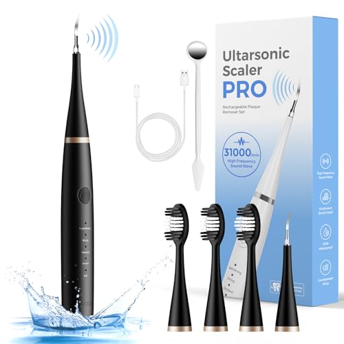 超音波歯クリーナー 口腔洗浄器 USB充電式 5つモード調節可能 2分間オートタイマー機能 IPX6防水 電動歯ブラシヘッド3個付き 超音波振動 クリーニングキット 日本語取扱説明書 (Black)