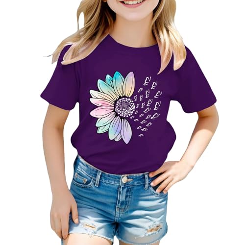 Girls Loose Fit Sunflower Graphic T Shirts Short Sleeve Crewneck Cute Pattern Printed Tops Kids (A-Purple, 12-13 Years)3