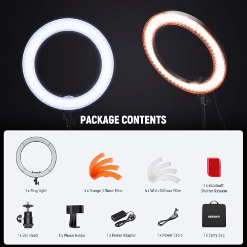 Image of NEEWER 18 inch Ring Light, 58W 5500lx 5600K Dimmable CRI95 240 LEDs, Lighting with Cold Shoe Bi Color Filters Carry Bag Phone Holder for iPhone Selfie Makeup Studio Photography Video Recording, RL-18