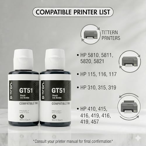 Image of D-tron GT51 /GT52 Compatible Refill Ink for HP 5810 5811 5820 5821 115 116 117 310 315 319 410 415 416 419 457 Printers (Black-2 Colour-3) Pack of 5 - Cyan, Magenta, Yellow, Black