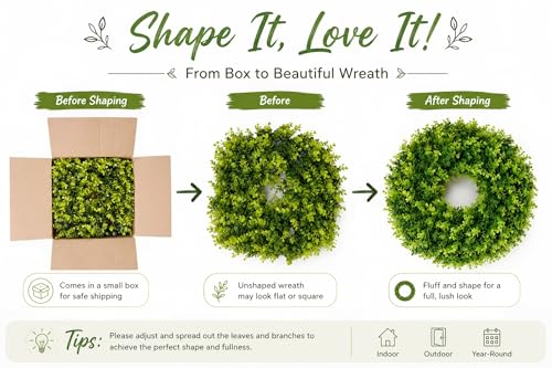 Image of DDHS 16-18in Small Boxwood Wreath for Front Door - Artificial Green Farmhouse Wreath, Spring Summer Fall Winter DIY Decor, for Indoor Outdoor Year-Round Wedding Home Decorations