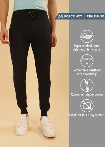 Image of Force NXT Men's Super Combed Cotton Rich French Terry Fabric Solid Joggers | Active Joggers for Men | Comfortable Waistband with Zipper Pocket for Daily Workout