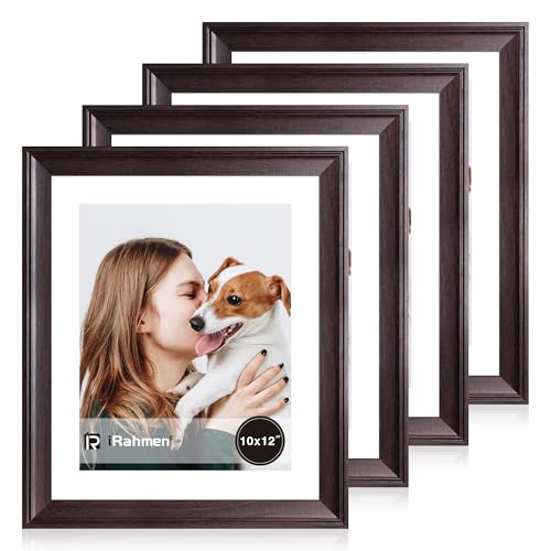 Image of iRahmen 10x12 Vintage Picture Frame with Mat 8x10 - High Definition Real Glass Wooden Photo Frames for Tabletop Display and Wall Mounting (Dark Brown, Set of 4)