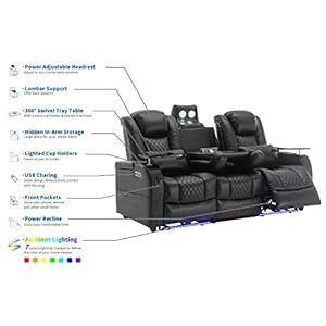 Home theater seating seats movie theater chairs theater recliner with 7 colors ambient lighting lumbar pillow touch reading lights tray table black row of 3  urban country home decor