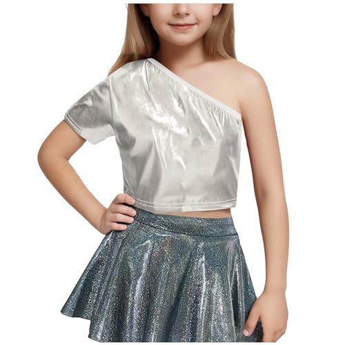 Metallic Crop Top for Girls 2025 One Shoulder Short Sleeve Shinny Clubwear Party Tops Kids Dancewear Streetwear Tees