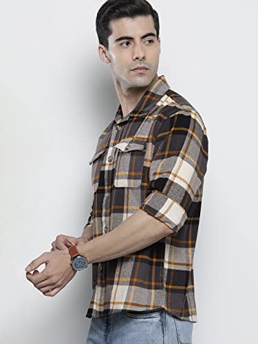 Image of The Indian Garage Co Men Regular Fit Checkered Full Sleeves Spread Collar Double Flap Pocket Casual Over Shirt