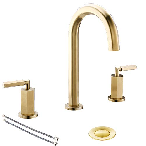 Brushed Gold 8 Inch 2 Handles 3 Holes Hexagonal Widespread Bathroom Faucet by Phiestina, Bathroom Sink Faucet with Stainless Steel Metal Pop Up Drain,NS-WF001-6-BG
