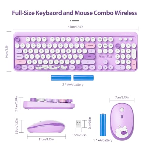 Image of Fogruaden Wireless Keyboard and Mouse Combo 2.4GHz Retro Typewriter Keyboard, 104 Keys Full Size Round Keycap Cute Keyboard and Mouse with Number Pad, Purple Colorful Keyboard for Windows PC Laptop