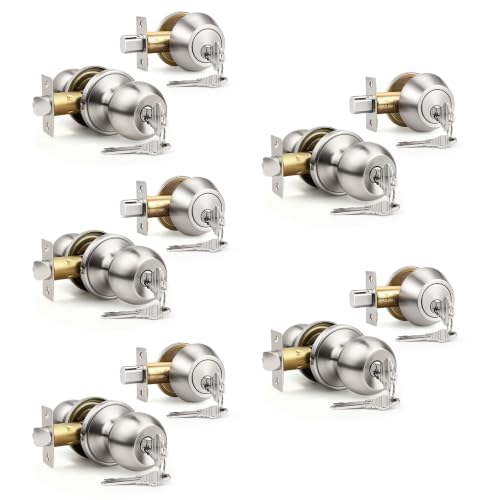Knobonly Keyed Alike Exterior Door Knob, Round Outdoor Lock with One Sided Deadbolt, Stainless Steel, Satin Nickel Door Knobs, Silver Door Handle Sets, 5 Pack