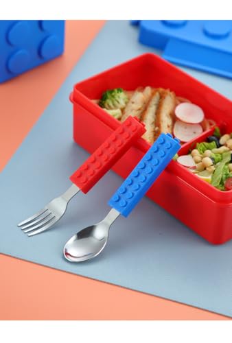 Image of Samvardhan Stainless Steel Baby Spoon & Fork Set with Case | BPA Free Toddler Training Cutlery 2+ Years | Self Feeding | School Lunch Box & Travel Friendly | Building Blocks Design