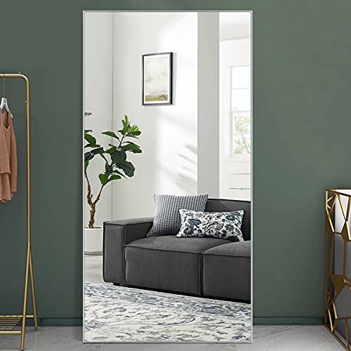 Image of NeuType 71 inchx32 inch Large Full Length Mirror Home Gym Mirror Aluminum Alloy Frame Floor Mirror Wall-Mounted Mirror for Living Room, Bedroom, Hanging or Leaning Against Wall, Sand Gray, No Stand