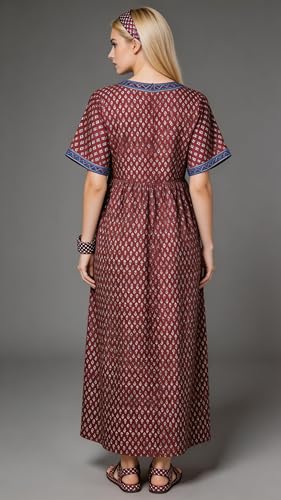 Image of Evolove Cotton Nighty Maxi for Women with Side Pocket | Floral Print Round Neck Short Sleeves Full Length Night Wear Gown