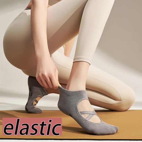 CHUNFO Grip Womens Pilates Socks Straps Yoga Ankle Anti-slip Cotton Barre Sock Size5-9.53