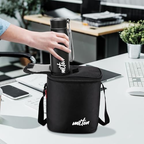 Image of MILTON Max Meal Tiffin (2 Microwave Safe Inner Steel Containers, 320, 450ml;1 Plastic Container,280ml; 1 Handy Bottle,690ml,1 Plastic Chutney Dabba,100ml) with Fabric Bag,Black,Leak & Odour Proof