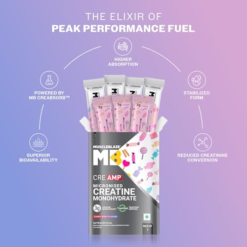 Image of MuscleBlaze Micronised Creatine Monohydrate CreAMP Powder, 7 Sachets | Candy Rush | Trustified Certified Creatine | Travel Pack