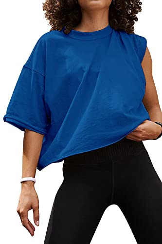 Image of HUGOOME Womens Oversized Workout Crop Top Casual Short Sleeve Boxy Roll Hem | Basic Half Split Sleeve Drop Shoulder Loose Yoga Running Gym Tee Cropped T-shirt Solid Trendy Relaxed Daily Tee