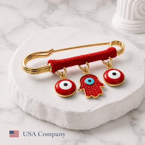 Image of 18K Gold Plated & Silver Tone Red Hamsa Protection Charm Pin - Evil Eye Jewelry for Women, Babies, Infants & Toddlers - Hamsa & Evil Eye Symbol Charm - Red String Lucky Amulet for Good Luck - Fits Stroller & Blanket, 1.5 Inch