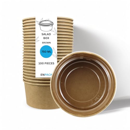 Enpack - Ensaladera con tapa 750 ml - Caja de ensalada marrón para llevar 100 unidades - Ensaladeras desechables de papel kraft - Ensaladera para llevar - Cuencos de cartón para ensaladas y aperitivos