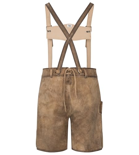 Schöneberger Trachten Couture Kinder Lederhose Vintage – Traditionelle bayrische Echt-Leder Trachtenhose mit Hosenträger - für Oktoberfest, Michi (164, Antik-Braun)