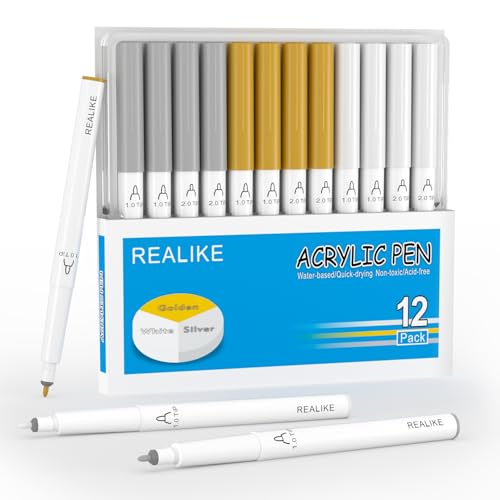 REALIKE Marcadores de tinta acrílica para tecido, rocha, madeira, tela, papel, pedra, cerâmica, vidro e material de arte, pontas médias de 1,0 mm, cor dourada, prata e branco