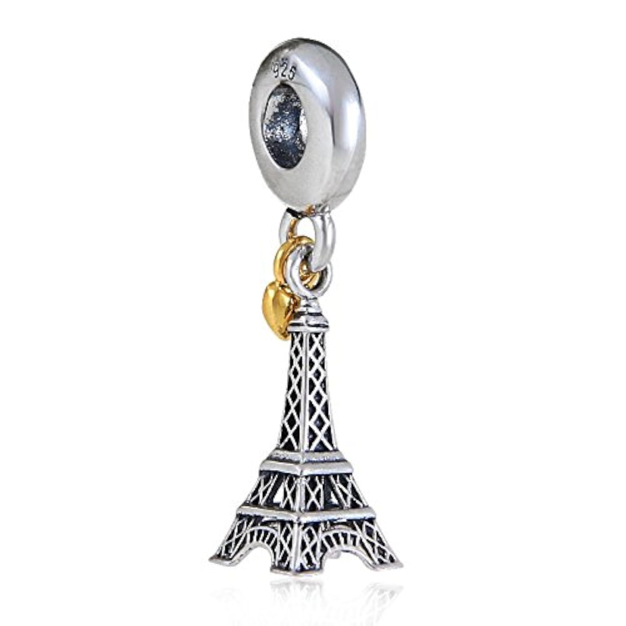 925 Sterling Silver Eiffel Tower with Golden Heart Dangle Beads