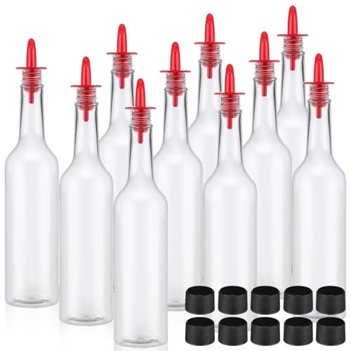 Tioncy 10 Sets 15oz Plastic Liquor Bottles with Pourers Sets 10 Plastic Long Neck Syrup Bottles with Pourer and Caps Reusable Leakproof for Home Party Bar(Red)