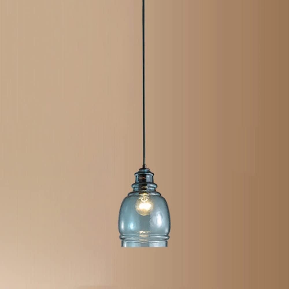 Farmhouse Lighting Fixture Kitchen Island Hanging Light with Handblown Hammered Glass Shade, Dining Room Blue Drop Ceiling Lamp Modern Geometric Mini Chandelier/B