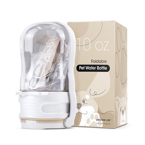 Pebble Pet Foldable Pet Water Bottle, 10oz Lightweight Travel Water Dispenser with Filter, Portable Drinking Bowl, for Dog, Cat, Leak-Proof, BPA Free, on-The-go for Outdoor Walking and Hiking (White)