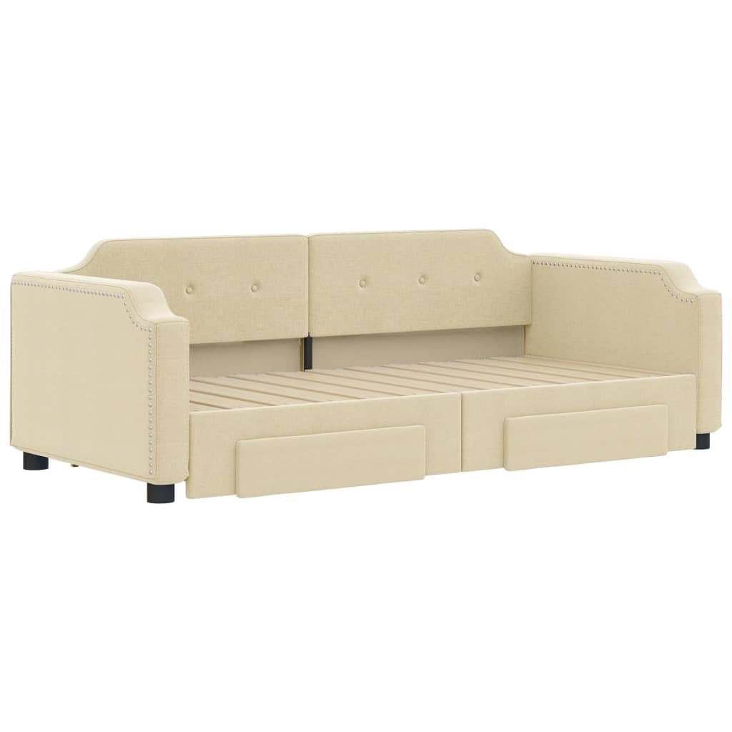 Rozkładane łóżko dzienne, kremowy materiał 80 x 200 cm, z 2 szufladami, wytrzymały stelaż z metalu i drewna, uniwersalna sofa do spania do pokoju gościnnego