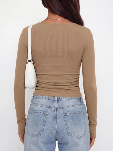 BTFBM Womens Long Sleeve T Shirts Spring Clothes 2026 Ribbed Slim Fit Boat Neck Casual Going Out Tops Workout Outfits(Khaki, Medium) - image 3