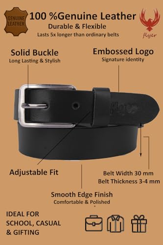 Image of Flyer Kids Genuine Leather Belt for Boys & Girls (Color- Black) | Adjustable Fit, Durable Buckle | Real Leather Belt for School, Casual & Formal Wear (2-14 Years) BL4579