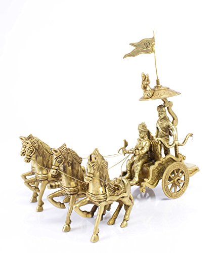 MohanJodero Elegant Brass Chariot with Krishna & Arjuna/Krishna Arjuna Rath with Vijay Pataka and Lord Hanuman Sitting