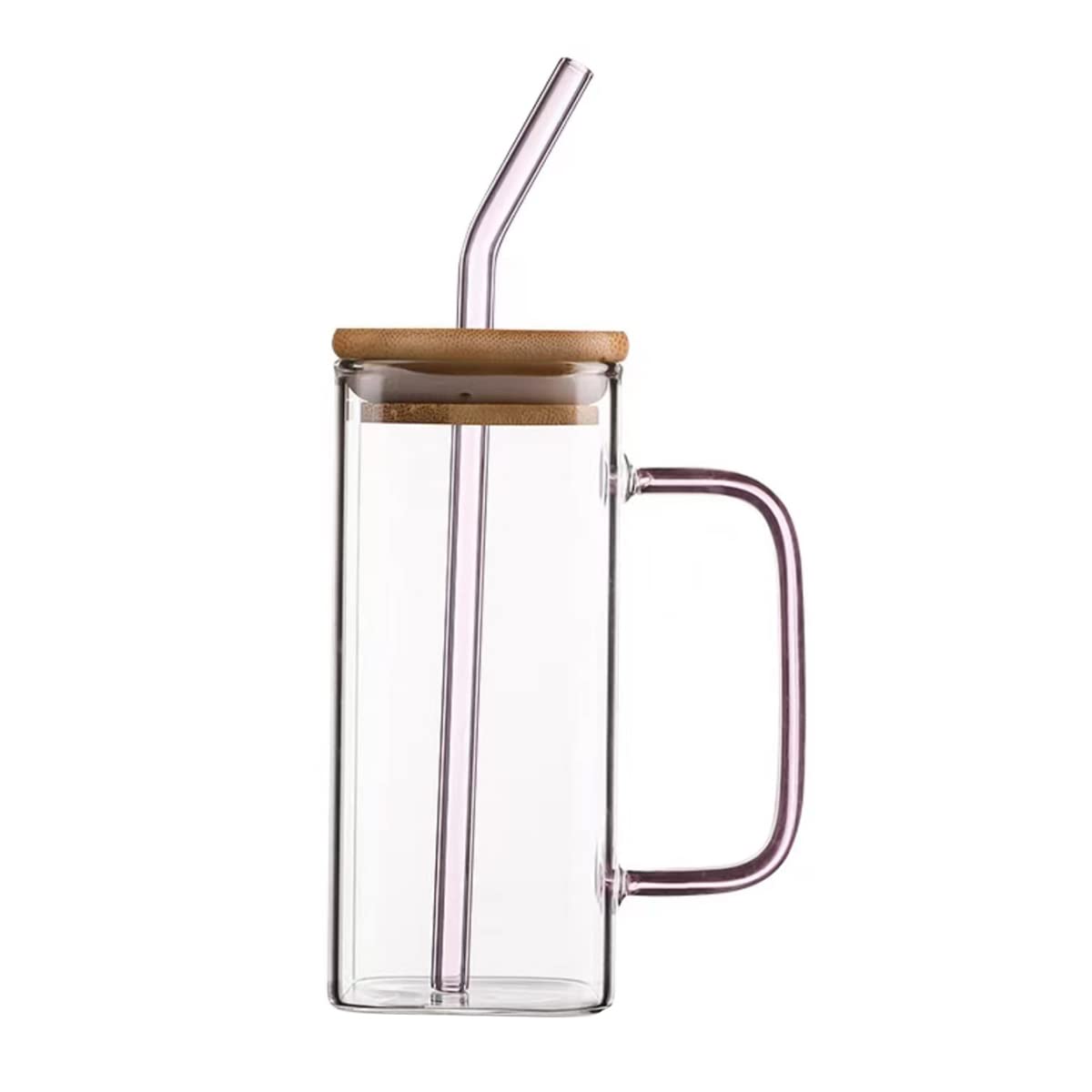 Glass Mug with Lid and Straw Iced Coffee Cup with Handle Square Drinking Glasses Tumbler Cups for Smoothie Juice (Pink)