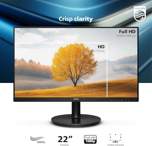 Image of PHILIPS 22 inch Class Thin Full HD (1920 x 1080) Monitor, 100Hz Refresh Rate, VESA, HDMI x1, VGA x1, LowBlue Mode, Adaptive Sync, 4 Year Advance Replacement Warranty, 221V8LB