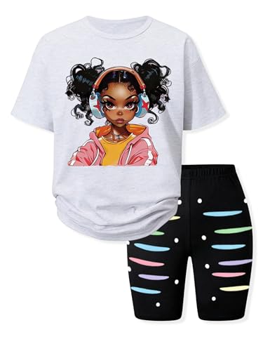 LKALPSQ Little Girls Summer Clothes Set Teen Girls 2-Piece Outfit Trendy Gray Short Sleeve Top +Shorts Outfits for Teens Size 9-10 Years
