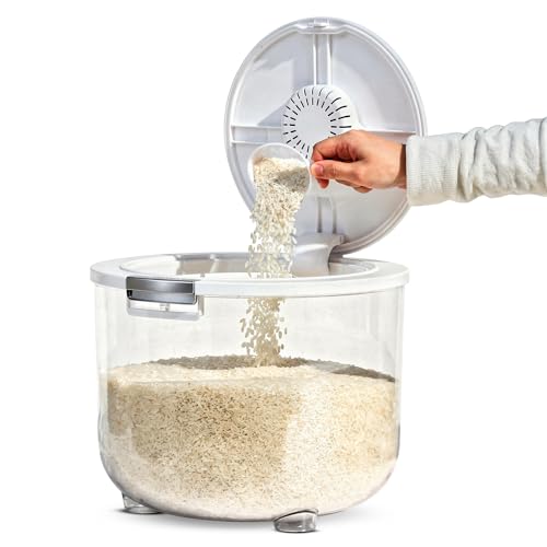 Image of Zuhi Airtight Rice Storage Dispenser Container | Moisture-Proof BPA-Free Food Storage Jar for Rice, Cereals, Grains & Pulses | Transparent Grocery Container with Flip Lid & Measuring Cup (5 Kg)
