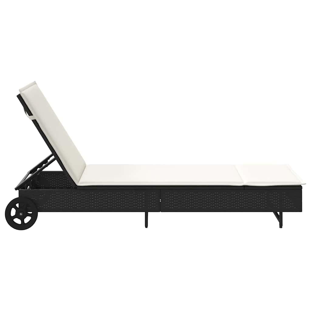 Lettino prendisole con ruote e cuscino nero, in polyrattan, schienale regolabile, con schienale regolabile in 3 posizioni, con cuscino e cuscino imbottito spesso