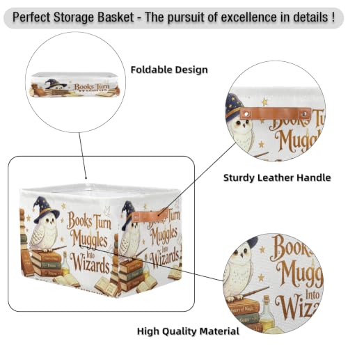 Image of Bardic Magic Nursery Decor Baby Basket Large Blue Hat Wand Basket Owl Kid Gift Collapsible Book Shelf Clothes Basket Rectangle Toy Bin 15 inchx11 inchx9.5 inch
