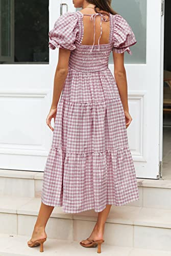 Image of ZESICA Women's 2026 Boho Summer Dresses Gingham Puff Sleeve Square Neck Flowy Beach Midi Dress