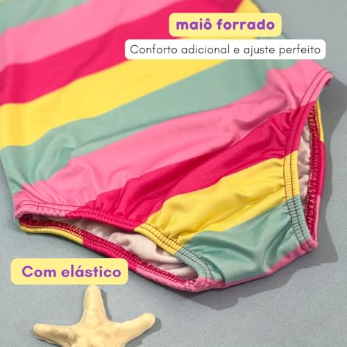 Maiô Menina Natação Praia Infantil Juvenil Proteção Solar Uv (BR, Numérico, 8, Padrão, Listras Color