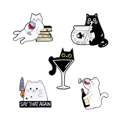 Image of White & Black Cat Enamel Lapel Pins for Women Girl Cute Animal Enamel Brooch Pins for Jackets Playful Cat Enamel Brooch Badge DIY Accessories Decor