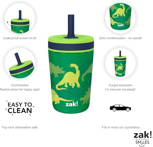 Image of Zak Designs Dino Camo Kelso Tumbler, Leak-Proof Screw-On Lid with Straw, Bundle for Kids Includes Plastic and Stainless Steel Cups with Additional Sipper, 3 Piece Set (Pack of 12)