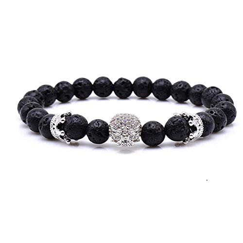 EXINOX Bracelet perles en pierre volcanique pour homme - Détails de crâne et couronne - LAVA King Volcan - Couleur noire, Argent Pierre Cover