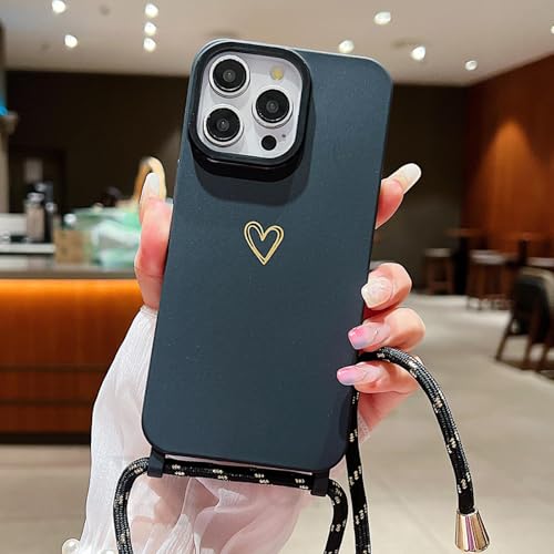 Coque iPhone 13 Pro noir en silicone liquide avec cordon bandoulière