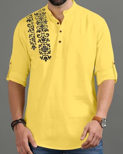 Image of FINIVO FASHION Men's Regular Fit Cotton Blend Kurta Shirt | Full Sleeve Ethnic Shirt with Mandarin Collar and Button Placket | Casual Kurta for Daily and Traditional Use