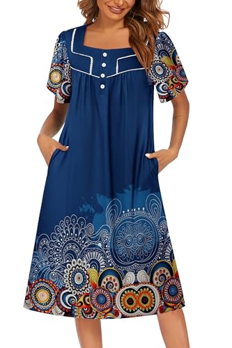 Image of Ekouaer Women's House Dress with Pocket Button Mumus | Short Sleeve Nightgown, Floral Print Mumu Dresses, Square Casual Sleepwear, Boho Roomy Housecoat, Plus Size Soft Sleepwear