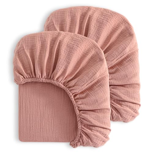 Image of Ntbay Kids 2 Pack Double Layer Muslin Cotton Fitted Crib Sheets, Soft and Breathable 28x52 Baby Crib Sheets for Standard Crib and Toddler Mattresses, Boys, Girls, Unisex, Blush Pink, 28x52 Inches