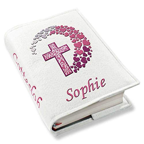 Gotteslob Gotteslobhülle Kreuz Herzen pink Filz mit Namen bestickt hellgrau weiß dunkelgrau blaugrau dunkelblau türkis maigrün flieder, Farbe:weiß