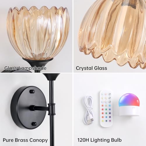 Image of Shenmoyl Battery Operated Wall Sconce Set of 2, Amber Tulip Vintage Wall Light Fixture Rechargeable 5000mAh Battery Powered Wall Lamp with Remote for Living Room Bathroom, Black