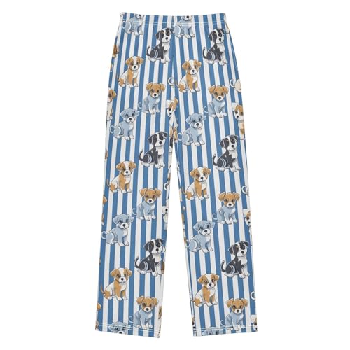 Cute Cartoon Puppies on Blue and White Striped Pajamas Bottoms with Pockets Comfy Pjs Sleepwear Elastic Waistband Pajamas Pants Lounge Pants for 6-14 Years
